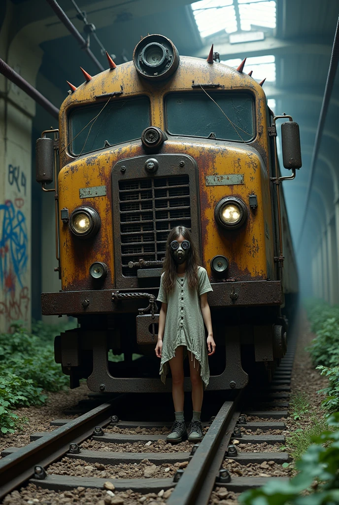 Create a diagonal and faithful image of a sad girl with torn and dirty clothes in the style of 1 madmax leaning against the side of a long rusty and dirty subway train with METAL spikes around it, she is wearing an old gas mask, armored train, there are MANY POINTS AROUND THE TRAIN BODY. front with a broken metal grate with several rusty spikes and bloodstained anti-zombie spikes; military style with modifications and protection with metal plates, war tank style, broken and dirty headlights with grilles, the train is passing underground inside an abandoned and dirty station in ruins beneath the American city center of ultra futuristic and post-apocalyptic Manhattan, there is vegetation growing in the corners of the walls at the station, there is debris on the train tracks, trem steampunk, dramatic art, dieselpunk art style, apocalyptic road warrior vibe, surreal digital art, mad max inspired, heavy metal artwork, chrome grille symmetry, arte steampunk digital, this'It's not the Mad Max style, metal art, is not Filip Hodas; artwork style, steampunk digital art, dieselpunk, in a high-tech world, photo on the diagonal, high qualiy, 8k, extremely detaild, as realistic as possible, a mais high qualiy possível.