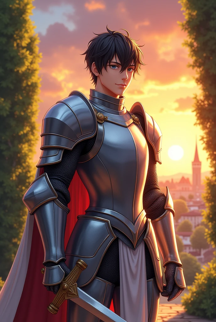 (Anime:1:2) Handsome young man with silver armor and short black hair and silver eyes. Background is Clive, sunset, tree. Knight pose