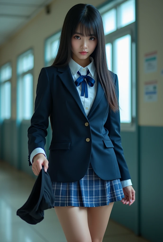 Ultra-realistic, Wide Shot, 1. woman, Japanese , Straight Long Hair, big, A sharp gaze shines, Long eyelashes, A navy blue blazer uniform with a blue ribbon tie over a white dress shirt, Blue checked mini skirt, White calf socks and white sneakers, Holding a pair of black Puma underwear、More chubby, Chiaki Kuriyama, Gogo Yubari, Kill Bill, indoor, Bokeh effect, Written boundary depth, Ultra-realistic, Professional photography, Cinema Lighting