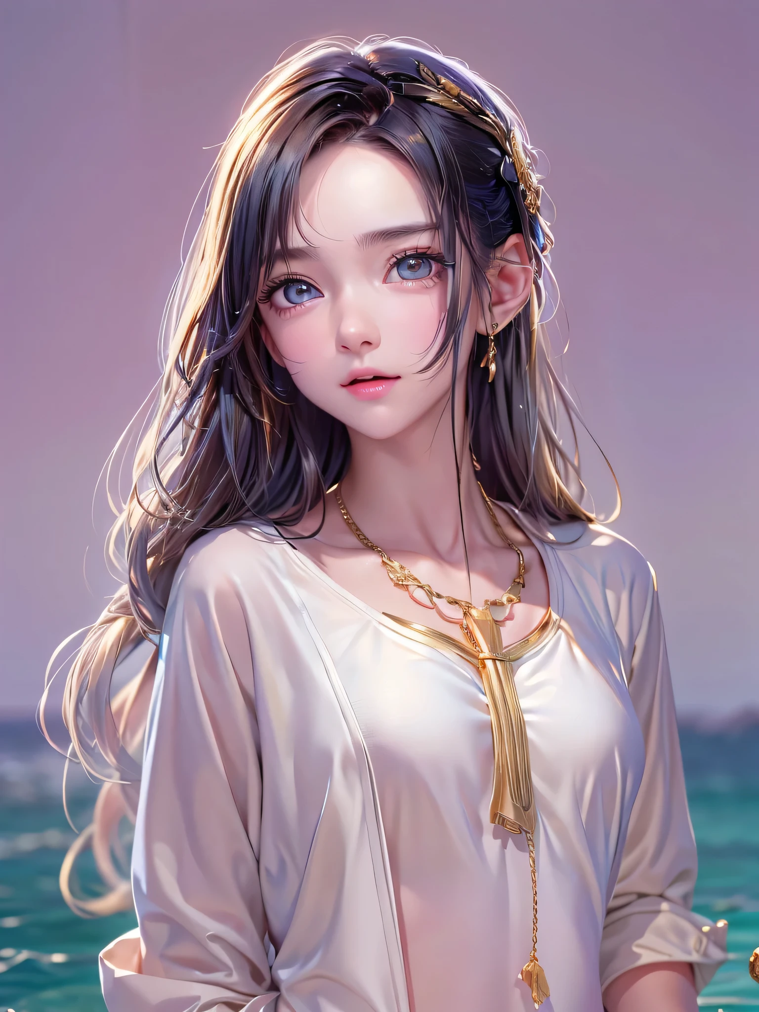 One Girl,(Very cute girl:1.3),masterpiece,Highest quality,High resolution,Photorealistic,RAW Photos,Ray Tracing,Physically Based Rendering,beautiful girl,(:1.3),cute,Big eyes,(detailed pupils:1.2),(The face is facing sideways:1.3),Body facing sideways,Beautiful nose,High nose,Upturned nose,Fuller lips,Short black hair,ponytail,short hair,Detailed eyelashes,Thin eyebrows,Very fine grain definition,(Golden Ratio:1.3),(Face close-up,Face Focus:1.0),Small breasts,Slim figure,Short neck,White swimsuit,White Bikini,Ocean,Southern Island,Blue sky,White cloud,Portrait,View Viewer,Upper Body,Cinema Lighting,High resolution,Very detailed