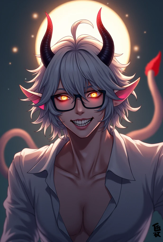 A male demon with fair, pale skin. He has bright, golden eyes and sharp teeth. He has wavy to curly grey hair, about ear length. He has curled horns sprouting from the sides of his head, and a thin tail from his back. He wears glasses, and has a flirty expression on his face.
The art is in anime style.