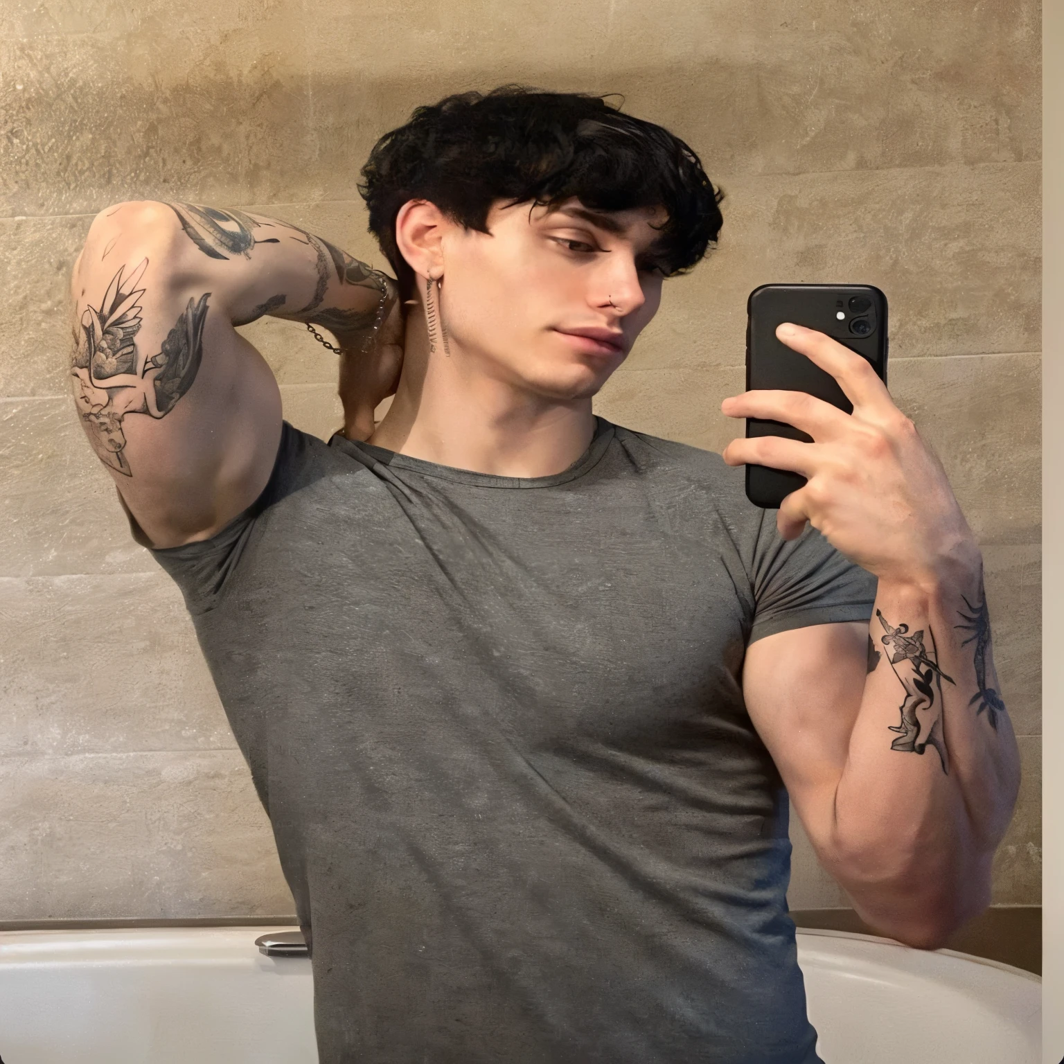 Arafed man taking a selfie in a bathroom with a phone, skinny arms, with tattoos, androgynous man, delicate androgynous prince, an epic non-binary model, beautiful androgynous prince, androgynous person, inspired by Luca Zontini, showing biceps, he is about 20 years old, he is about 2 0 years old