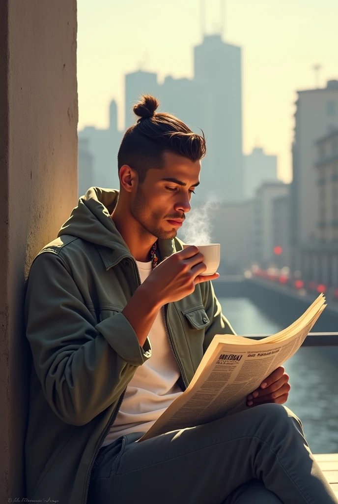 *Ronaldo Dans la Vie Quotidienne** :
"Cristiano Ronaldo prenant un café en extérieur, vêtu d'une tenue décontractée. Il lit un journal, avec une vue sur la ville derrière lui. Mots clés : Cristiano Ronaldo, café, décontracté, quotidien, ville."
