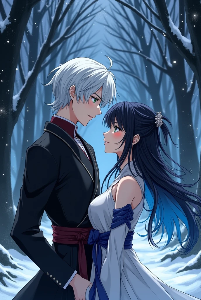 An anime version manga about an Assassin who falls in love with a princess who tells the legacy of the Queens and the Assassin who is at the height of Satoru Gojo with medium long white hair that has bangs and the black suit with a kimono and that is handsome, flexible, fast with green eyes, elegant, serious, respected, nice with the princess and the princess who is at the height of Tertin from Scissor Seven with long black and blue hair with blue eyes with a white dress with dark blue and that is happy, would be great, funny, intelligent, sad but elegant and that she is with the Assassin in a forest in the middle of the night and the forest that is surrounded by Assassins who want to kill them both and the forest that is dark with snow falling and that the Assassins have red eyes and that they look like demons