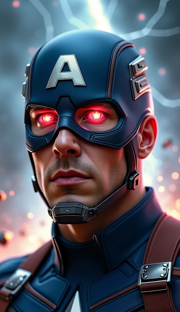 Depict Captain America in a powerful, dramatic scene where a fragment of the Reality Stone fuses with his iconic shield. The image should capture the moment of fusion with intense energy radiating from the point of contact between the stone and the shield. The Reality Stone, glowing with a vibrant and ominous red light, should be merging into the center of the shield, causing red and blue energy to swirl and intertwine around it. Captain America stands at the center of the scene, his expression a mix of determination and awe as he grips the shield tightly. His stance is strong and grounded, as if bracing against the surge of power. The background features a stormy sky, dark clouds swirling with flashes of lightning, reflecting the turmoil of the transformation. The ground beneath him cracks and splinters, with debris being pushed outward by the force of the energy. The shield itself should be illuminated with a glowing aura, and the red from the stone should contrast sharply with the