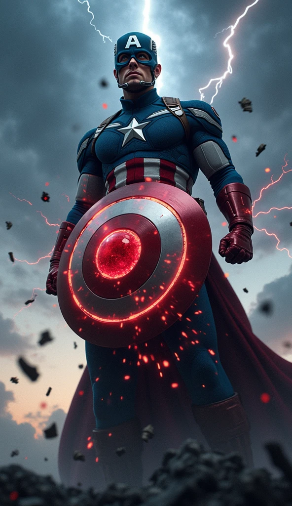 Depict Captain America in a powerful, dramatic scene where a fragment of the Reality Stone fuses with his iconic shield. The image should capture the moment of fusion with intense energy radiating from the point of contact between the stone and the shield. The Reality Stone, glowing with a vibrant and ominous red light, should be merging into the center of the shield, causing red and blue energy to swirl and intertwine around it. Captain America stands at the center of the scene, his expression a mix of determination and awe as he grips the shield tightly. His stance is strong and grounded, as if bracing against the surge of power. The background features a stormy sky, dark clouds swirling with flashes of lightning, reflecting the turmoil of the transformation. The ground beneath him cracks and splinters, with debris being pushed outward by the force of the energy. The shield itself should be illuminated with a glowing aura, and the red from the stone should contrast sharply with the