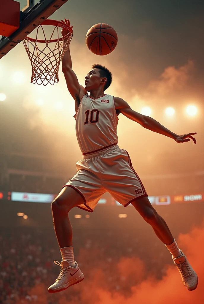 basketball player,Slam Dunk,one-hand,Chinese,3/4 side lenses,Focus,close up,Light-colored uniforms,Bright background,and in an instant,masterpiece,best quality