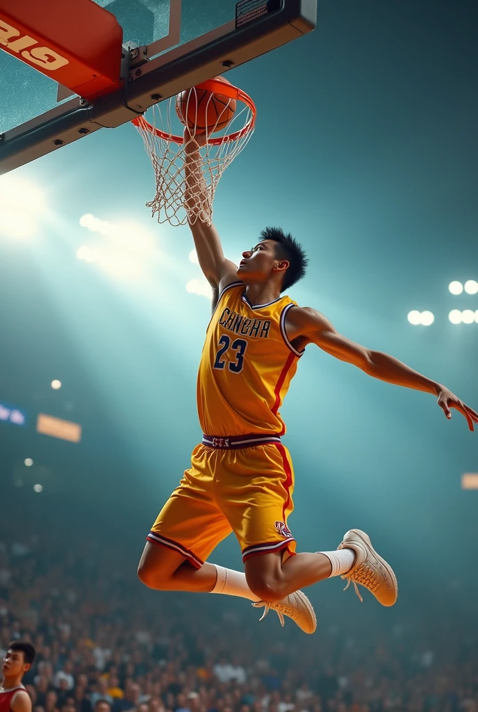basketball player,Slam Dunk,one-hand,Chinese,3/4 side lenses,Focus,close up,Light-colored uniforms,Bright background,and in an instant,masterpiece,best quality