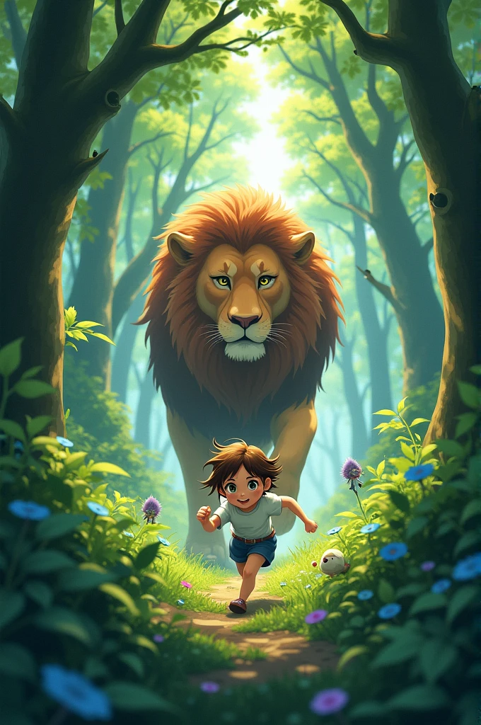 Young girl running in dense forest alone and following lion after her 3D anime