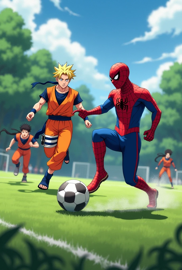 Spiderman playing soccer with Goku and Naruto
