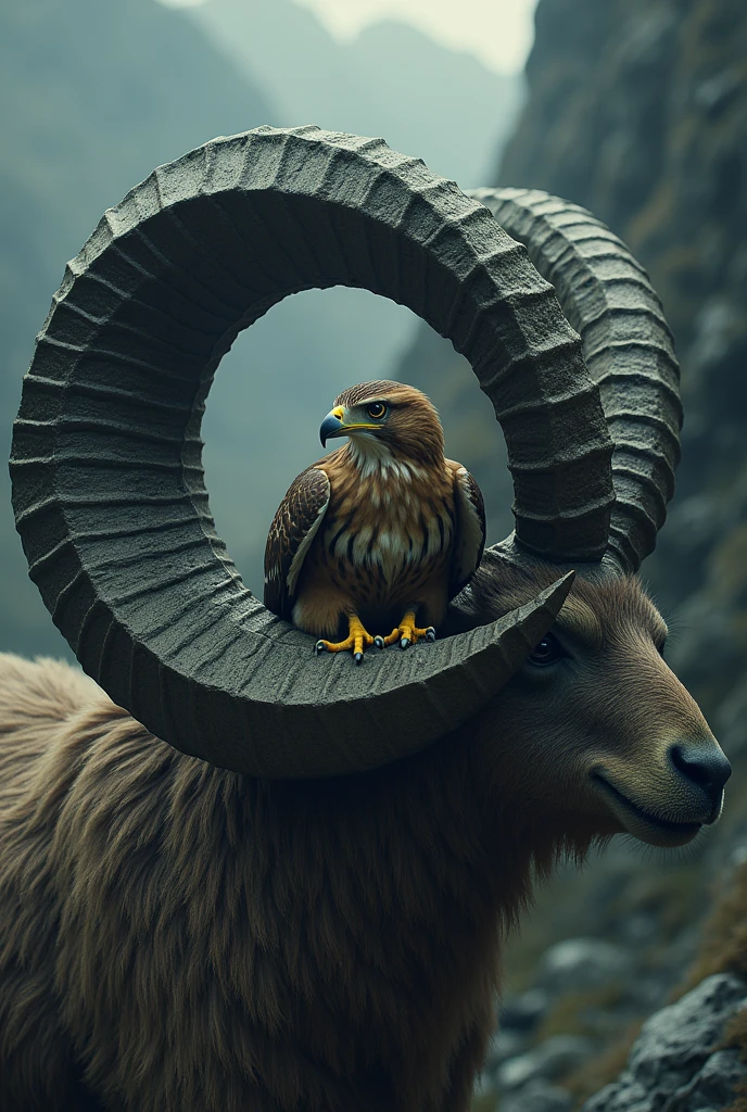 Hawk buried in the horn of a goat