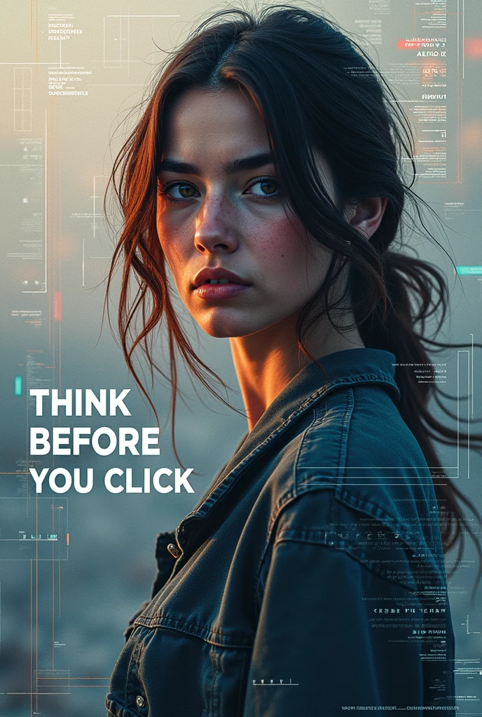 create a poster slogan with a word of “ THINK BEFORE YOU CLICK” background is media background, and a girl