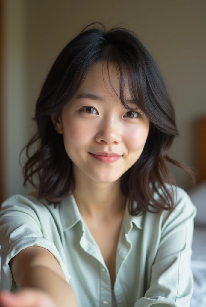 Japanese women、bedroom、Selfie、fair skin、Big Breasts、single eyelid、Year: 35、Moderate、shirt、wedding ring