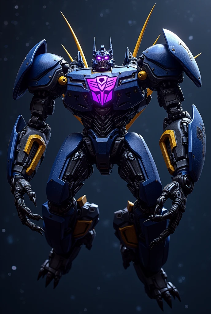 I want an image of a spider-shaped Decepticon with hands on the tips of its legs, Dark blue with the Decepticon symbol on the chest in violet with Megatron&#39;s face, with a vertical mouth with sharp interlocking teeth, with yellow tentacles coming out of his waist and a golden mechanical tail behind his back , and that it has two blue and black varitech mechanical legs, flying through space and stars in the background 