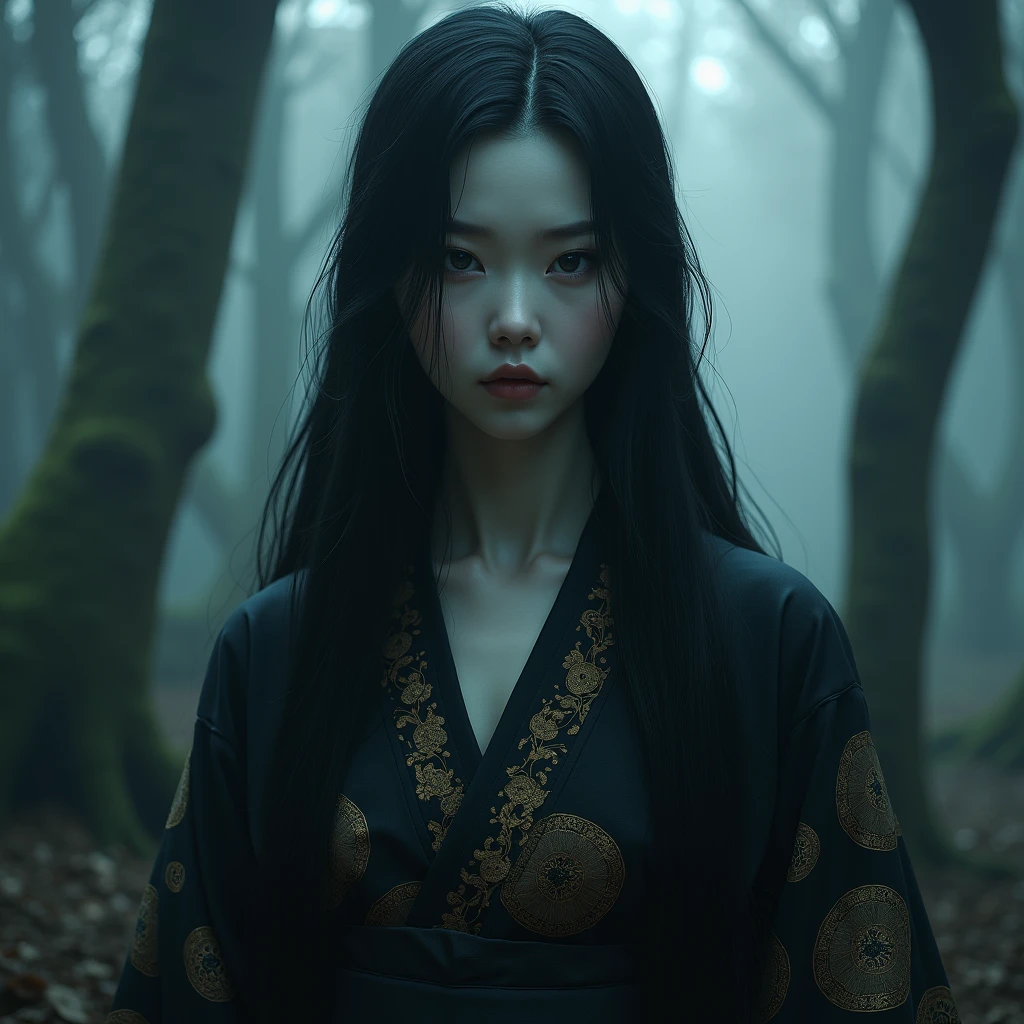 dark techno, cyberpunk,「A realistic depiction of a Japanese goddess, 不気味な美しさとAnxious存在感を醸し出す. She is elegant, pale, Perfect skin and long, Flowing black hair that blends in with the surrounding shadows. Her kimono is exquisitely crafted down to the last detail., dark, Calming deep blue and black tones, Delicately decorated, Ominous patterns suggesting a connection to the supernatural. Her eyes are captivating, with a cold, A distant gaze that hints at ancient, mysterious powers. The setting was foggy, Ancient forest or shrine, A place with an oppressive atmosphere and an unknown sensation.. soft, 薄dark光が木々Plug in from between, It casts an eerie shadow around her, almost as if she were alive.. The overall scene is striking yet beautiful., Capturing the essence of a captivating and fearsome goddess, Rooted in Japanese tradition、Anxious, Otherworldly aura.&References;Make the whole body visible, More realistic, With three eyes