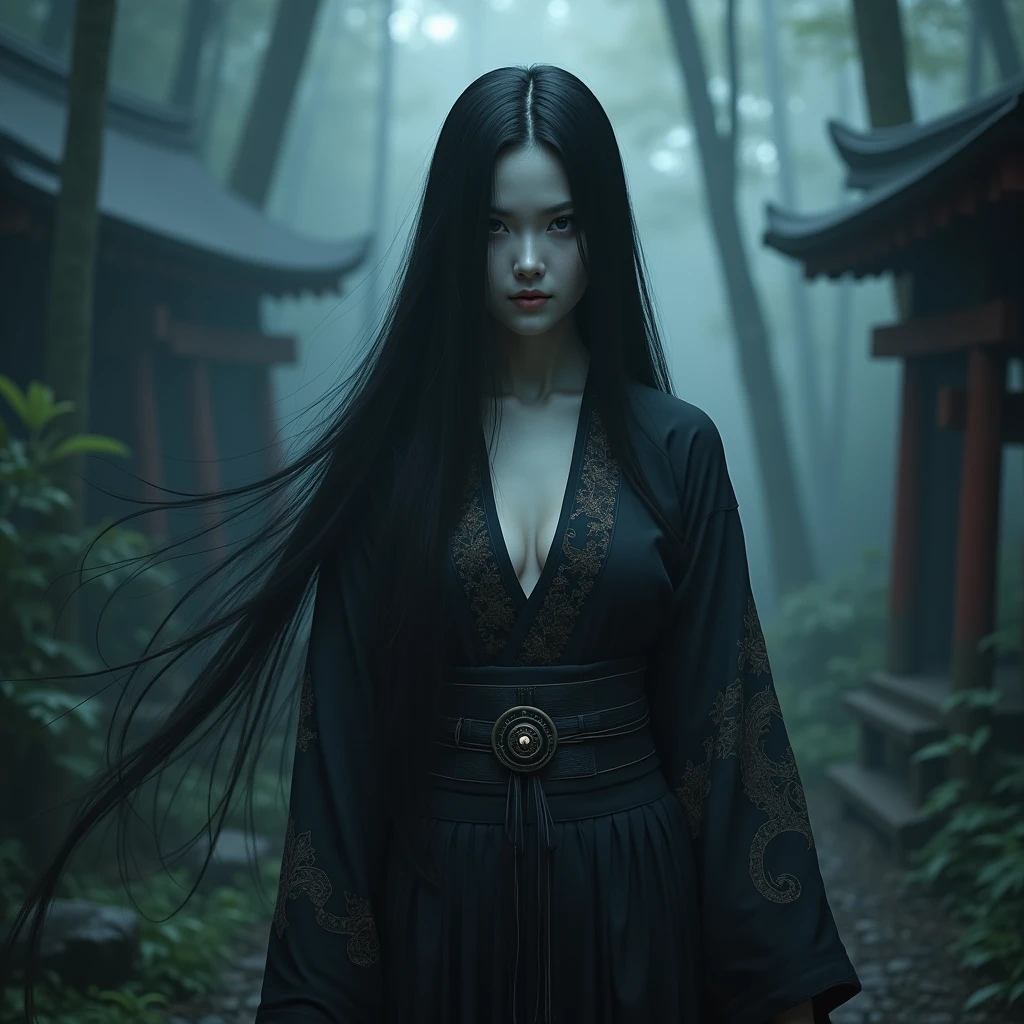 dark techno, cyberpunk,「A realistic depiction of a Japanese goddess, 不気味な美しさとAnxious存在感を醸し出す. She is elegant, pale, Perfect skin and long, Flowing black hair that blends in with the surrounding shadows. Her kimono is exquisitely crafted down to the last detail., dark, Calming deep blue and black tones, Delicately decorated, Ominous patterns suggesting a connection to the supernatural. Her eyes are captivating, with a cold, A distant gaze that hints at ancient, mysterious powers. The setting was foggy, Ancient forest or shrine, A place with an oppressive atmosphere and an unknown sensation.. soft, 薄dark光が木々Plug in from between, It casts an eerie shadow around her, almost as if she were alive.. The overall scene is striking yet beautiful., Capturing the essence of a captivating and fearsome goddess, Rooted in Japanese tradition、Anxious, Otherworldly aura.&References;Make the whole body visible, More realistic, With three eyes