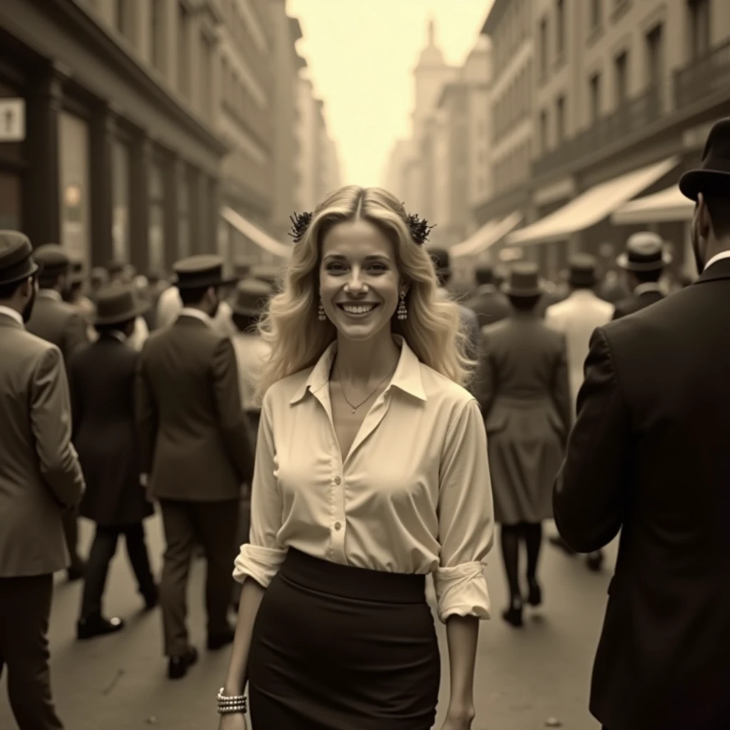 A vintage photo of a blonde-haired woman in a busy city. She has a smile on her face and is wearing a white blouse and a dark skirt. The background is filled with people dressed in clothing from the 1920s. The photo has a sepia tone and is slightly blurred.