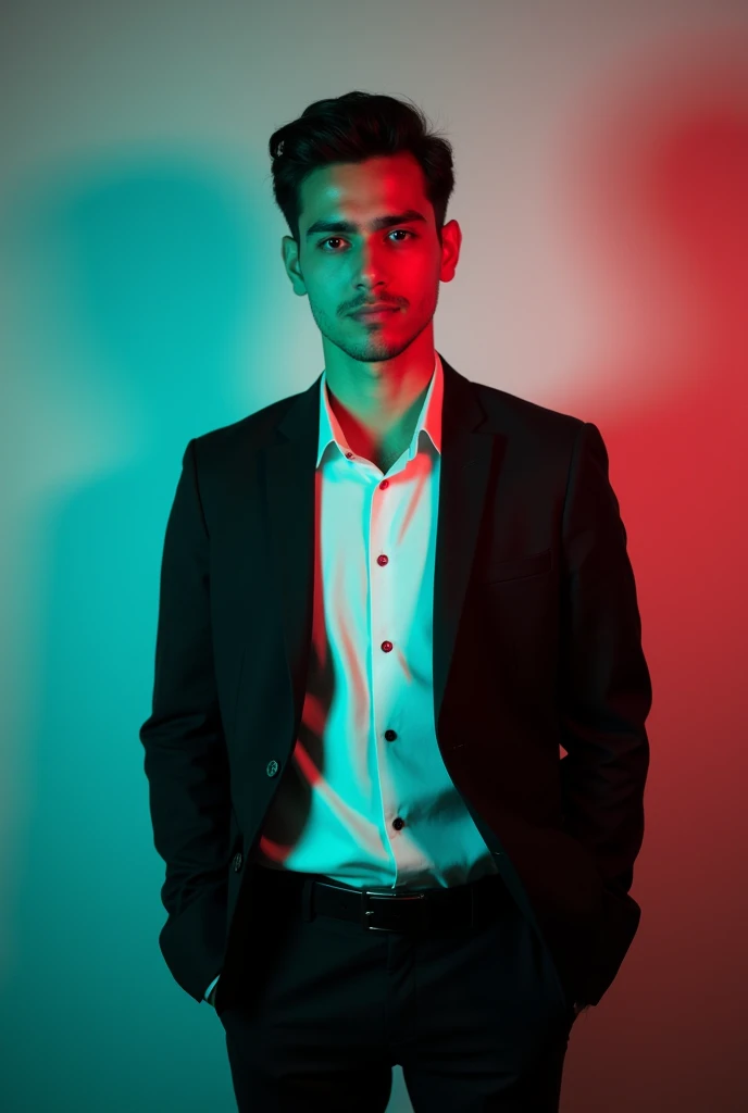 A
young man wait Dark hair and a confident amil.he is dressed in a black blazer over a white shirt tha msn is positioned against aqua colour backdrop wite asubtle red lighting on the left side. and he posing for linkedin profileLess