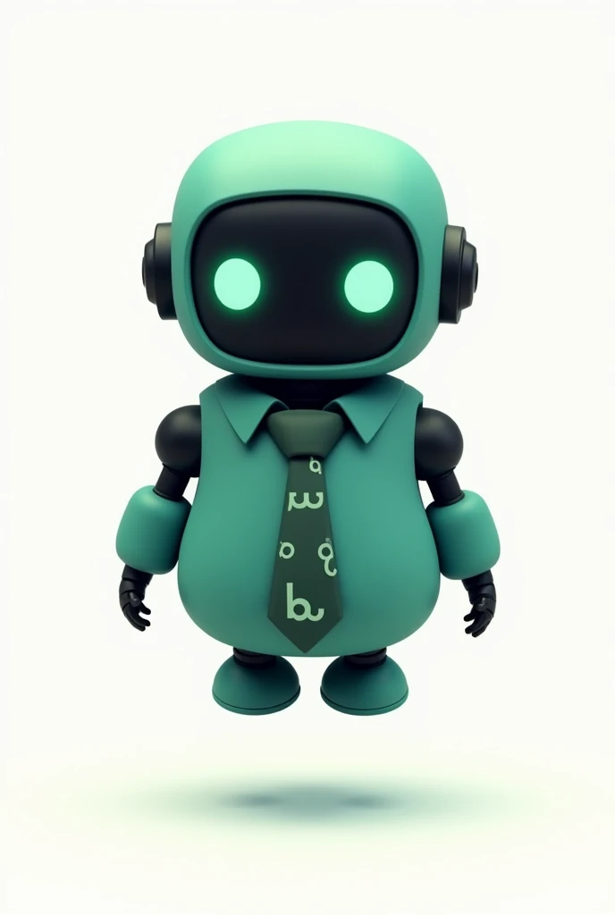 midnight green robot with white, with a midnight green tie (On the tie there are small details that have the letters BB written all over the tie in white) cartoon style. the background is white. The robot has no legs and floats, The face is black and the eyes are night green..
The robot has no legs and no arms, no hands are attached to the body but not connected
