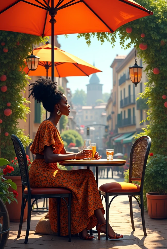 une jolie femme africaine dine dans un