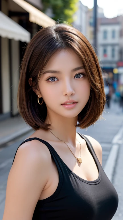  high quality、masterpiece、High resolution、1 female、necklace、gem、Earrings、Beautiful Face、Body Up、Tyndall effect、Realistic、Rim Light、Two-tone lighting、(High resolutionスキン:1.2)、8K  UHD、Digital SLR、Soft lighting、high quality、Volumetric lighting、photograph、High resolution、4K、8k、Brown haired woman、Adult、Small eyes、Perfect Mouth、Highly detailed eyes and mouth、Black natural eyes、Pure brown hair color、Lol、Caucasian skin color、White shirt and random color tank top、Hair quality and shine、street、town、road、congestion、Lol顔，Upper teeth0(Black tank top)
