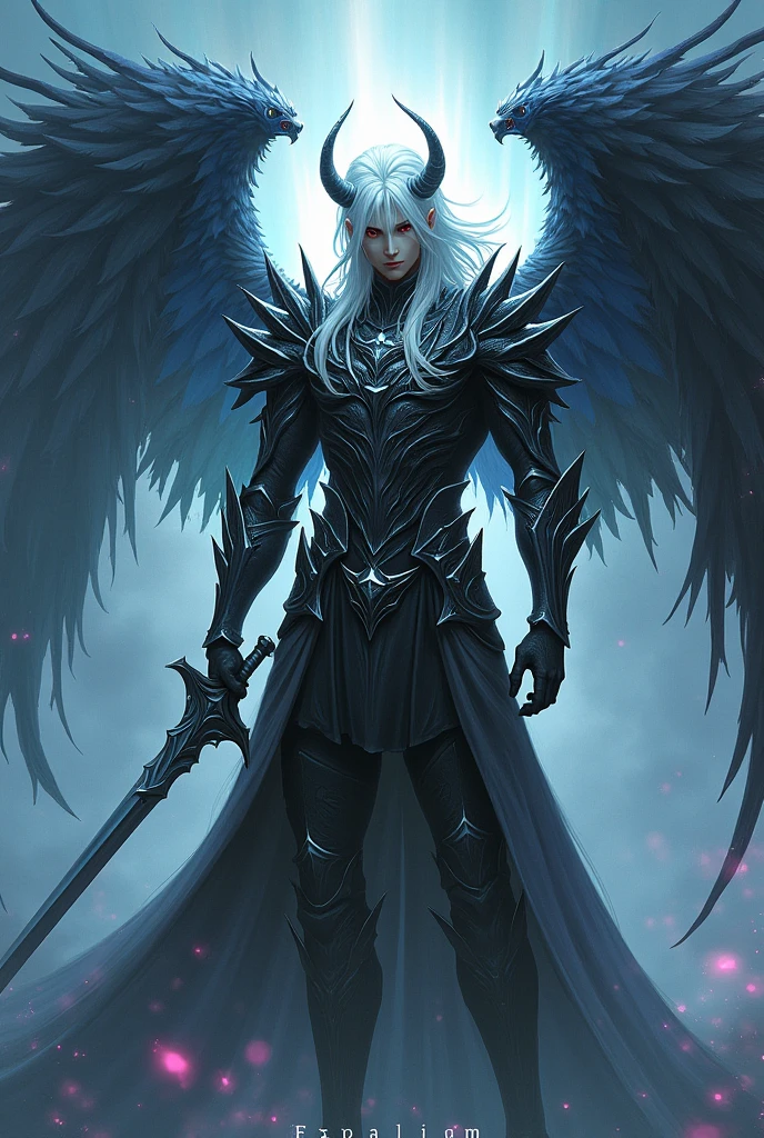 Gender male A hybrid between a demon and an angel where his hair is white with black and he has angelic and demonic armor, he also has a sword and an aurora 