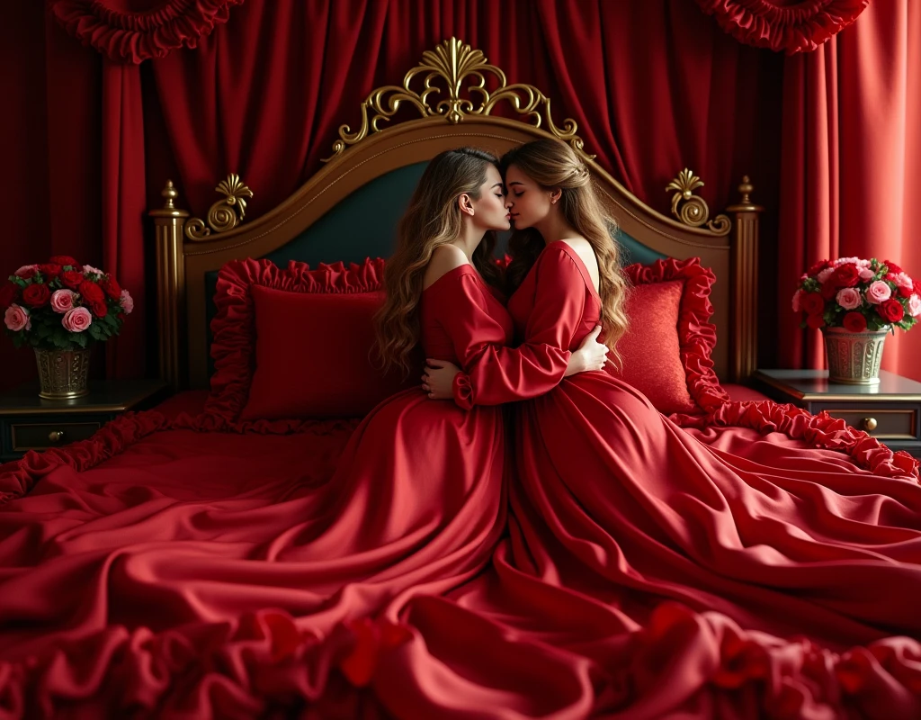 highest quality, masterpiece, highest resolution, artwork, super それにget used to it, many get used to it, get used to it, それにget used to it,((top view angle shows red satin silk mattress)),love,romantic,two woman,two woman kissing each of their partners,((red satin elegant dresses with a large and long skirt surrounding and covering the mattress like a satin blanket)),red satin evening dresses,((Gorgeous goddess rococo robe satin dress with voluminous full-length hoop skirt)),long sleeve,long dress,A dress with full silk fabric...,luxury,((Palace full red satin bedroom)),((big and long red satin bed)),Frilled silk red bedspread,many pillows on the bed,satin pillow with frills,((Two women kissed each other while lying wrapped in crimson satin dresses on the big and long size bed)),luxurious ruffled red curtains