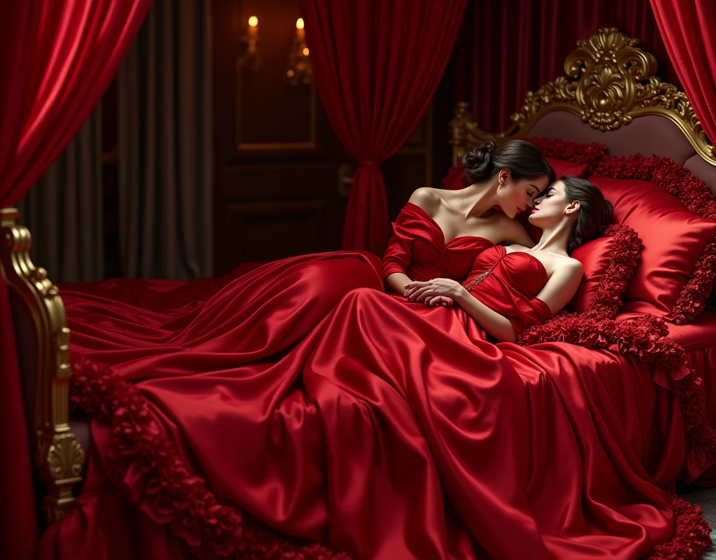 highest quality, masterpiece, highest resolution, artwork, super それにget used to it, many get used to it, get used to it, それにget used to it,((top view angle shows red satin silk mattress)),love,romantic,two woman,two woman kissing each of their partners,((red satin elegant dresses with a large and long skirt surrounding and covering the mattress like a satin blanket)),red satin evening dresses,((Gorgeous goddess rococo robe satin dress with voluminous full-length hoop skirt)),long sleeve,long dress,A dress with full silk fabric...,luxury,((Palace full red satin bedroom)),((big and long red satin bed)),Frilled silk red bedspread,many pillows on the bed,satin pillow with frills,((Two women kissed each other while lying wrapped in crimson satin dresses on the big and long size bed)),luxurious ruffled red curtains