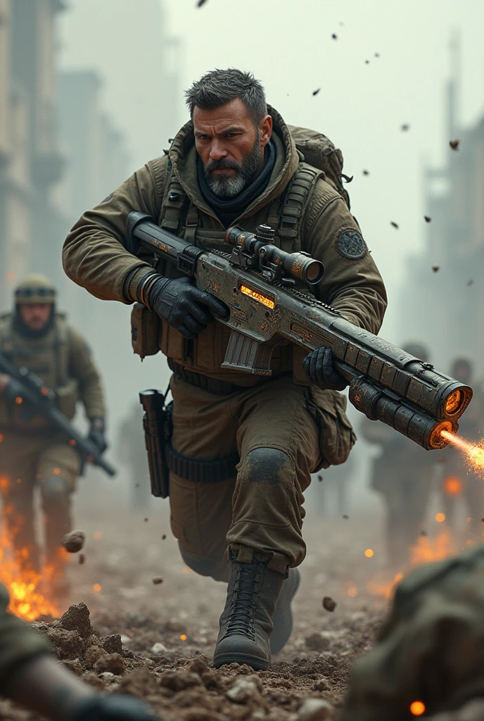 Create me a realistic call of duty style jerry character with a mythical weapon in combat but bigger 