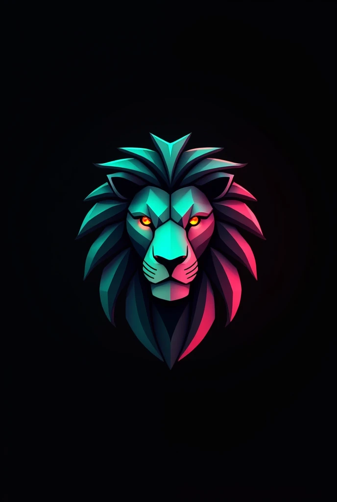 No image 3d Logo one line stroke Contrast Vectors contrasts Contrasts black, Turquoise, Pink Logo Polygonal contrasts Strong lion face High contrasts Shadow of a lion's face in profile contrast iridescent Orange eyes with yellow, black pupil Imposing No 3d image Black background