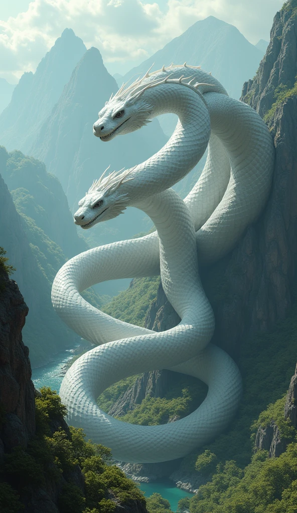 ((best quality)), ((masterpiece)), (detailed), a giant snake is moving on a large land, the snake's face looks like a dragon, a large view looking down from outer space, the long and giant snake has 3 heads, the snake is white. the scene changes to become terrifying and vast