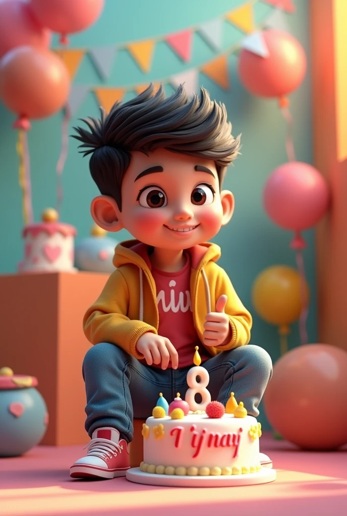 3D illustration of a man
Sitting casually on front of a cake. The character must wear casual moder clothing such as jeans jackets and sneakers shoes. The background of the image is a party theme. Write 'Vinay on the birthday cake Make sure the text is not misspelled. His age is 8