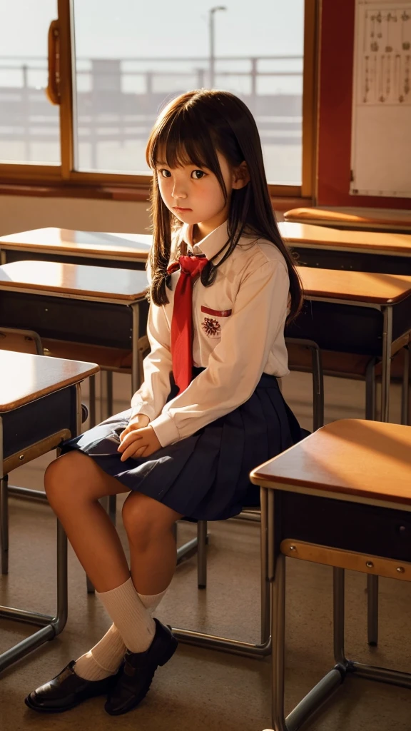 Product quality,1 girl,Cowboy Shot,Young and cute Japanese,evening,The strong red western sun,((Classroom after school:1.2)),Crying a little,Looking out the window,Becoming nervous,It's like a scene from a movie,Schoolgirl uniform,blazer,wear,wear a checkered pleated micro mini skirt,Very cute face,Glossy Lips,Beautiful big eyes,Brown eyes,Double eyelids on both eyes,(Natural Makeup),shiny smooth light brown long hair,,,Asymmetrical bangs,Floating Hair NovaFrog Style,Center image,8k resolution,Attention to detail,Detailed hairstyle,Detailed face,Cinema Lighting,Octane Rendering,Ultra-realistic,Perfect limbs,Beautiful legs,Voluptuous thighs,Huge breasts,Perfect Anatomy,I'm relaxing,Off-shot