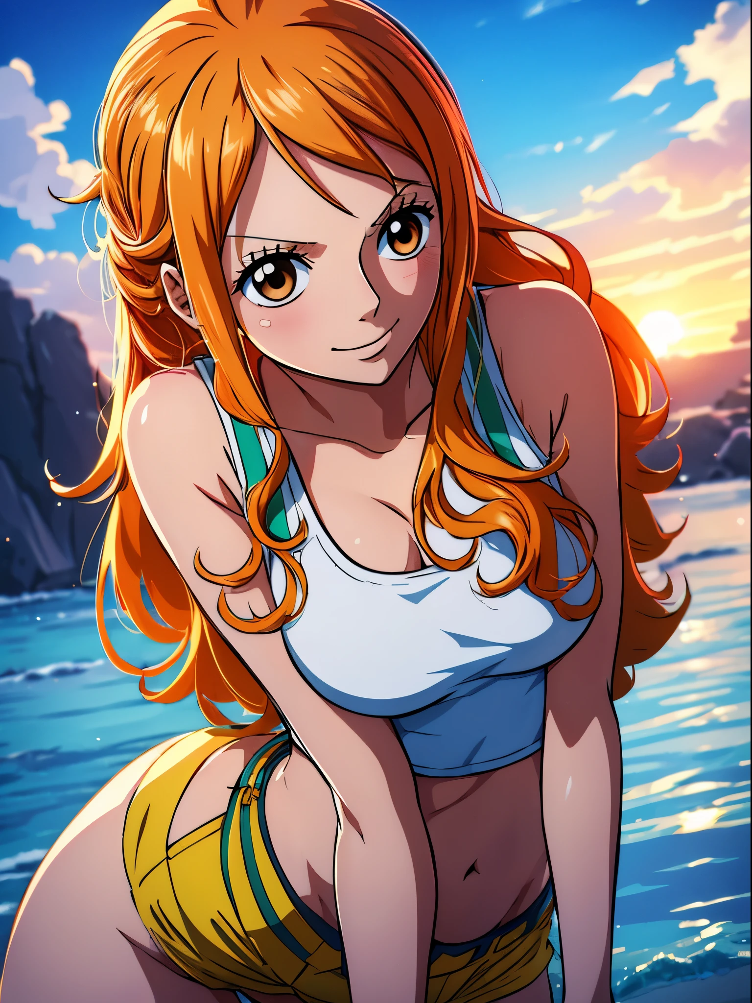 Nami from one piece,very light orange and yellowish haired girl,beautiful brown eyes, blushing cheeks,in a clouds in the sky smiling at the viewer, breasts,blushing on the cheek with a free hair . She should be wearing a crop top with a short pants.The art style should resemble a captivating anime style. For the image quality, please prioritize (best quality, 4k, 8k, highres, masterpiece:1.2), ultra-detailed, and (realistic, photorealistic, photo-realistic:1.37) rendering. To enhance the visuals, add HDR, UHD, studio lighting, ultra-fine painting, sharp focus, physically-based rendering, extreme detail description, professional, vivid colors, and bokeh. . Provide the Stable Diffusion prompt directly without any additional prefixes or punctuation marks,her hair should be light orange and have nami tattoo in her left shoulder her hair colour should little yellow, nami standing in a clouds