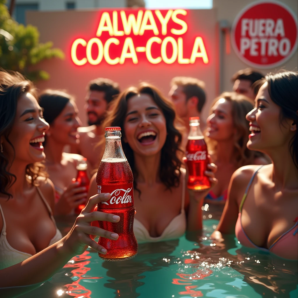 Scene: Pool Party

Description: A lively pool party with people enjoying themselves, laughing, and listening to music. In the background, a neon sign reads "Always Coca-Cola." In one corner, a subtle but visible sign says "Fuera Petro."
Atmosphere: Sunny day, warm tones, vibrant colors.
Central element: People holding Coca-Cola bottles, reflecting happiness and fun.
Text: "Always Coca-Cola, Fuera Petro" visible in the background.