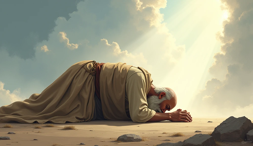 Create an image of Job who has a white beard, his head is shaved and he is prostrate on the ground., in humility, with head bowed and hands folded, as he answers to God. Show a soft light coming from the sky, suggesting the divine presence. The scenario should be simple, with a clear or partly cloudy sky, reflecting Job's reverence and acceptance of God's greatness."