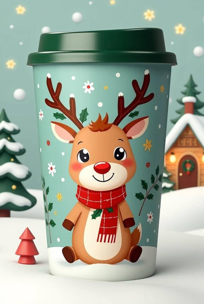 packaging design for thermos cup, Christmas themed, on it is a cute cartoon reindeer