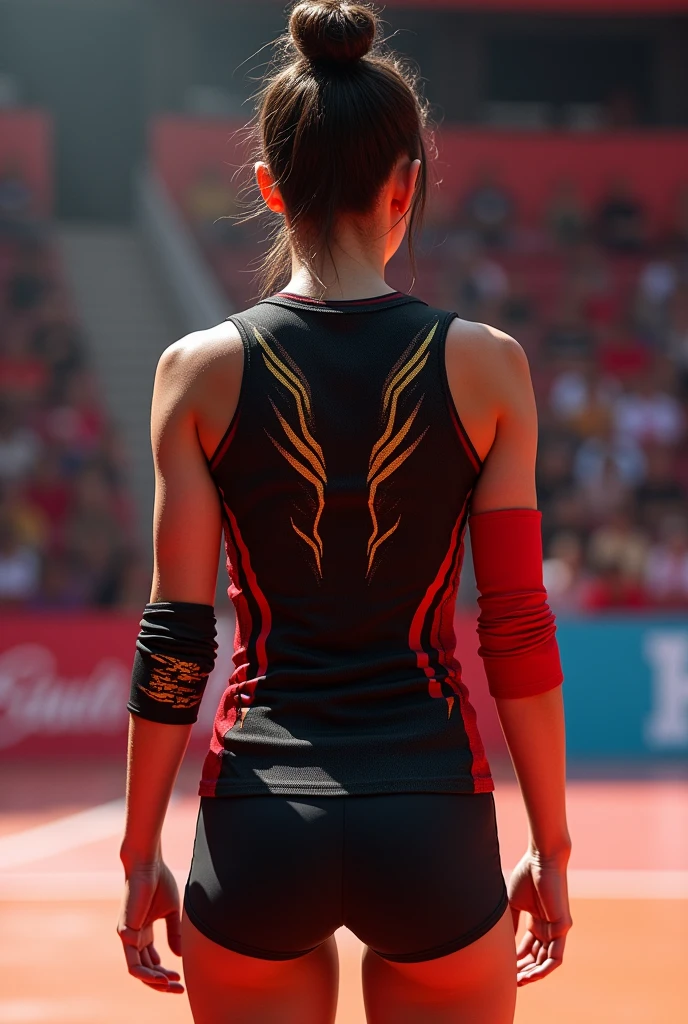 A women&#39;s volleyball uniform based on the design of the black Korean uniform with red details, with the back flashes in gold 