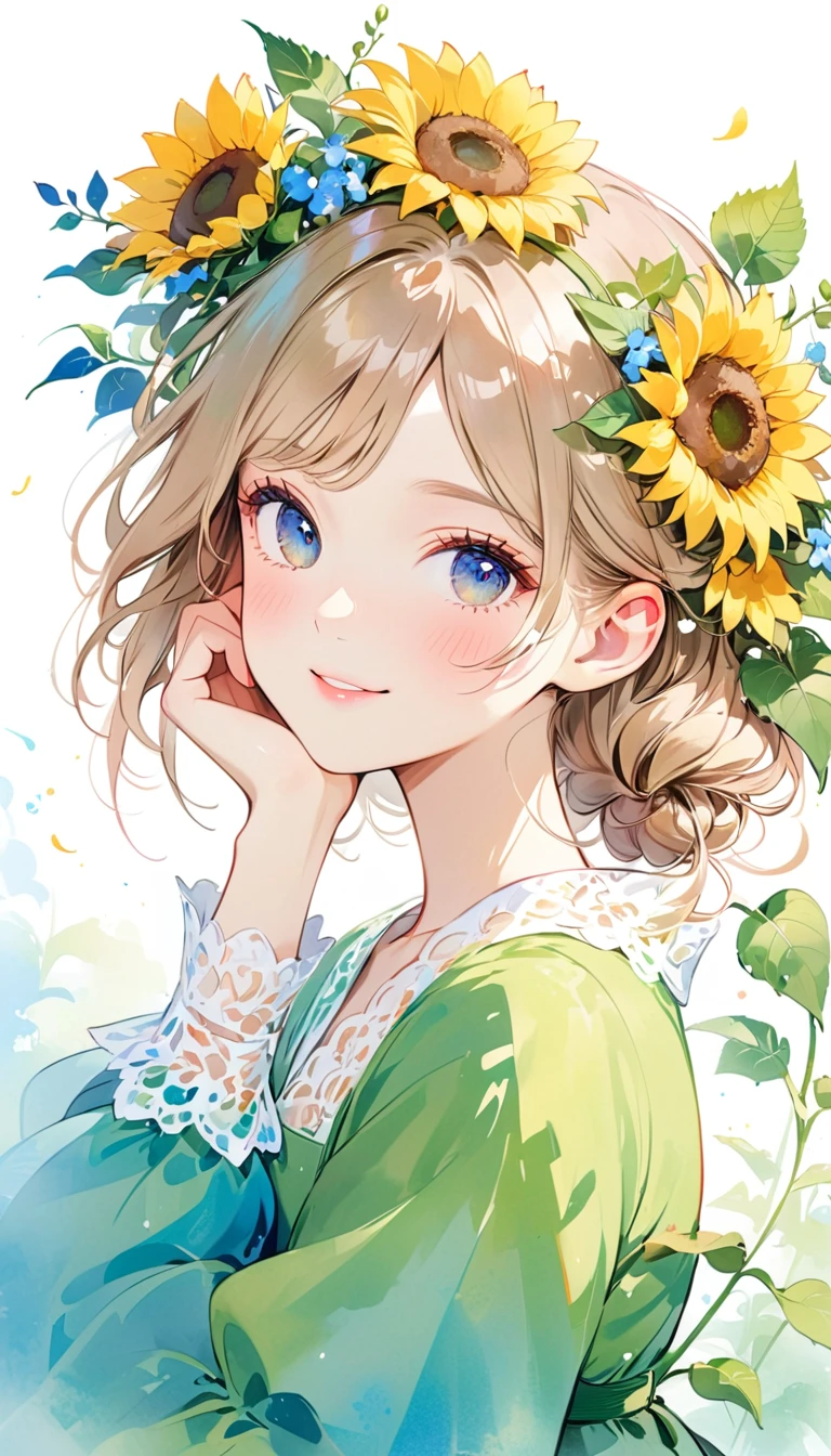 Beautiful smiling girl, She put her hand on her cheek, Sunflowers and wildflowers in her hair, Colorful watercolor and pencil drawings, Anime-style full-body portrait, Detailed character design in digital art style isolated on white background, Colorful ink painting, Intricate clothing and designs, 8k hd