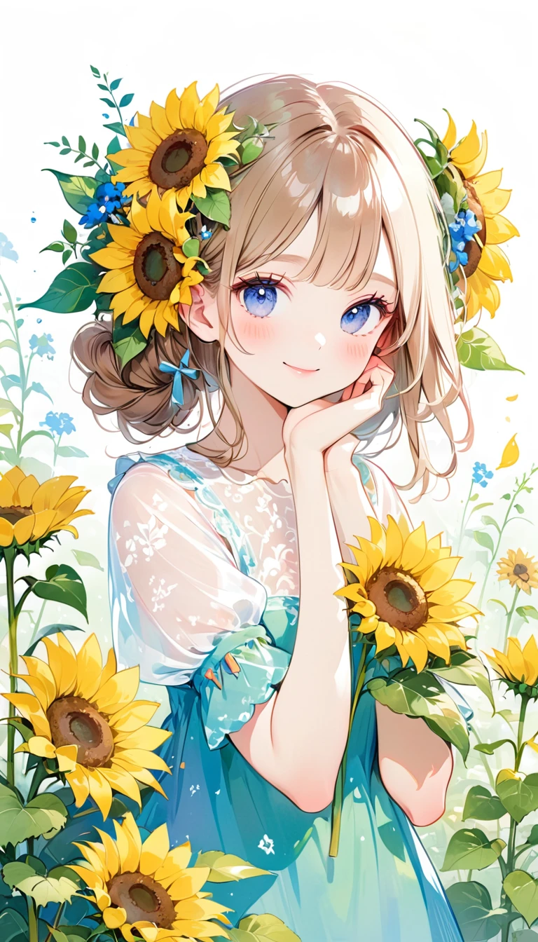Beautiful smiling girl, She put her hand on her cheek, Sunflowers and wildflowers in her hair, Colorful watercolor and pencil drawings, Anime-style full-body portrait, Detailed character design in digital art style isolated on white background, Colorful ink painting, Intricate clothing and designs, 8k hd