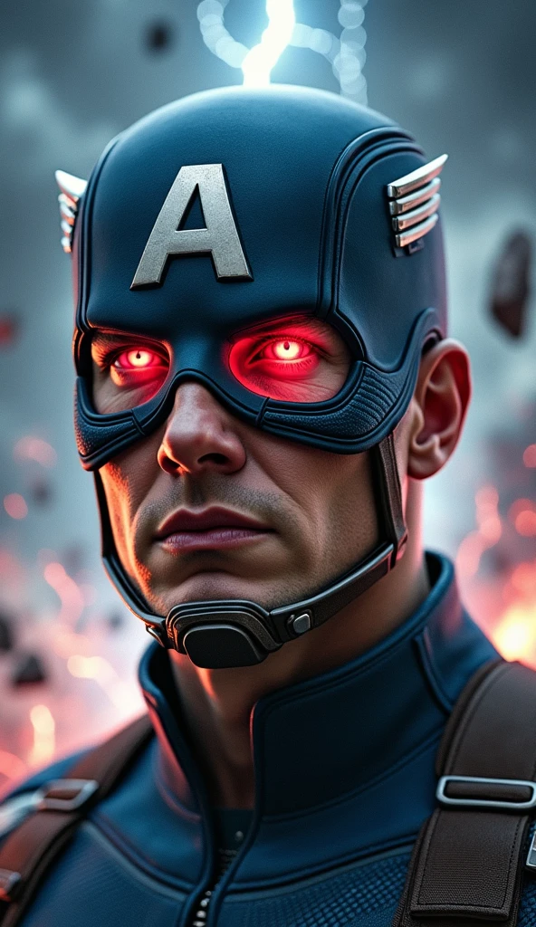 Depict Captain America in a powerful, dramatic scene where a fragment of the Reality Stone fuses with his iconic shield. The image should capture the moment of fusion with intense energy radiating from the point of contact between the stone and the shield. The Reality Stone, glowing with a vibrant and ominous red light, should be merging into the center of the shield, causing red and blue energy to swirl and intertwine around it. Captain America stands at the center of the scene, his expression a mix of determination and awe as he grips the shield tightly. His stance is strong and grounded, as if bracing against the surge of power. The background features a stormy sky, dark clouds swirling with flashes of lightning, reflecting the turmoil of the transformation. The ground beneath him cracks and splinters, with debris being pushed outward by the force of the energy. The shield itself should be illuminated with a glowing aura, and the red from the stone should contrast sharply with the