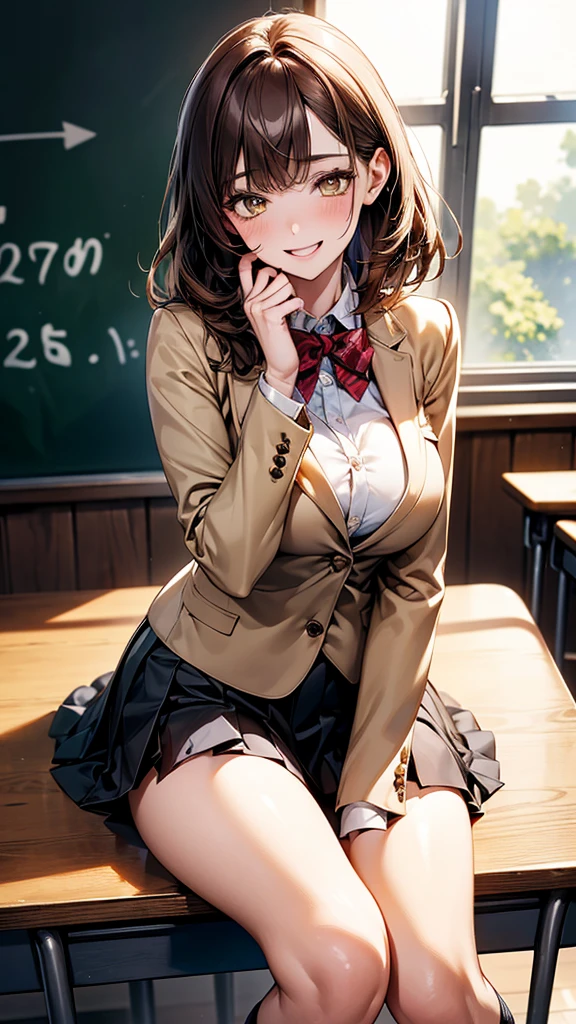4K resolution,((Highest quality)),Ultra-high resolution,young woman, alone, sexy, (A fleeting smile), (Pale yellow eyes), Beautiful and symmetrical face, (Brown set medium hair),Blazer uniform,Dress shirt,Pleated mini skirt,Knee-high socks,Realistic:1.4,Realistic:1.4,(masterpiece:1.2),Perfect Eyes,Perfect Eyes,Perfect Legs,classroom,(Fellatio gestures:1.1),(Open your mouth:1.2),Baby Face,Curvy body type