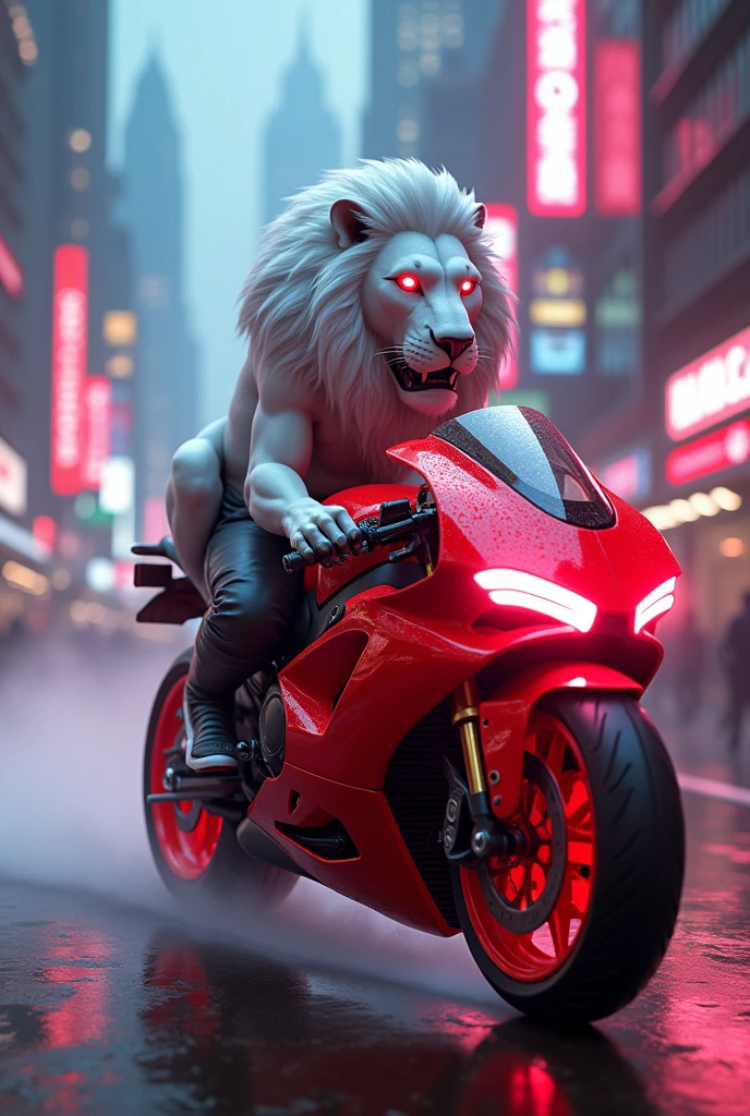 A bullet bike in red colour driving a lion with white hair an neon light in tiger eyes death City so many people there and lion is so angry