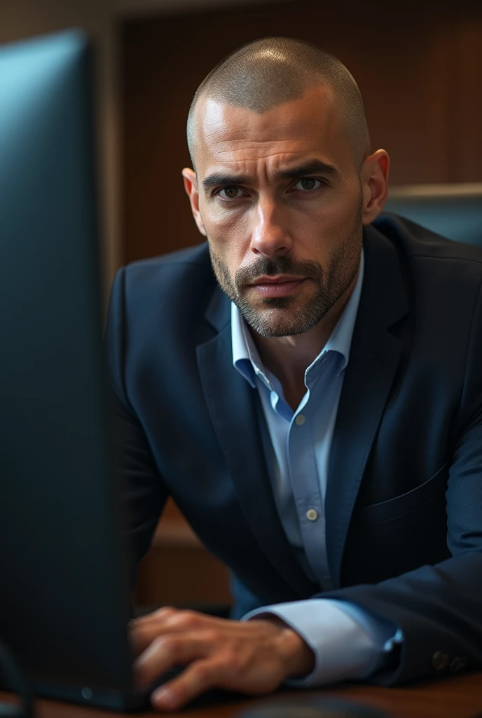 Handsome mature gentleman with shaved hair and small bangs, detailed eyes, nose, and lips, wearing professional attire, sitting in his office, using your computer, hp computer (Best Quality,4k,8k,High resolution,masterpiece:1.2),ultra detailed,(realist,photorealist,photo-realist:1.37),HdR,studio lighting,extremely detailed face and body., portrait,cinematic lighting,dramatic lighting,warm color tones,dramatic colors