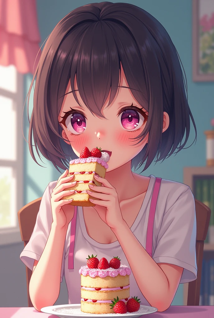 Make an anime style woman. Going to buy a cake, she eats the whole cake alone.
