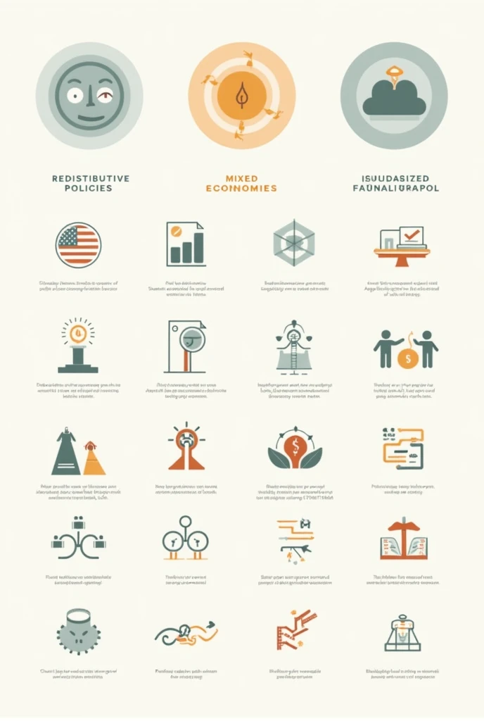 Alternatives and Reforms:
A series of icons representing redistribution policies, mixed economy and solidarity economy.
Short text describing each approach.