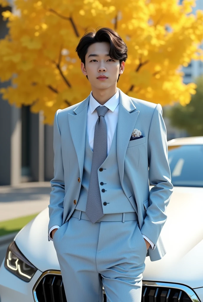 (One wearing a full light blue striped suit、White shirt、tie、Japanese man about 180cm tall)、best quality、masterpiece、Ultra-high resolution、(Photo realism:1.4)、original photo、(街道上One wearing a full light blue striped suit、White shirt、打tie的年輕英俊的日本男人、Standing under the ginkgo tree、Yellow and big ginkgo leaves、Clear details of leaves)、(There is a white BMW840I next to the man、Man&#39;s hands on car roof) shadow、Octane Rendering、8K、super sharp、real light、(There is only one white BMW on the street、man&#39;s shining eyes、looking in the direction of the camera)、super high quality、High target、gentleman、very beautiful hair、Bright photos、The man is as handsome as a model and as handsome as an idol,Professional profile photo, Professional portraits、Realistic portraits, Detailed color portrait, Idol portrait, high quality photos.