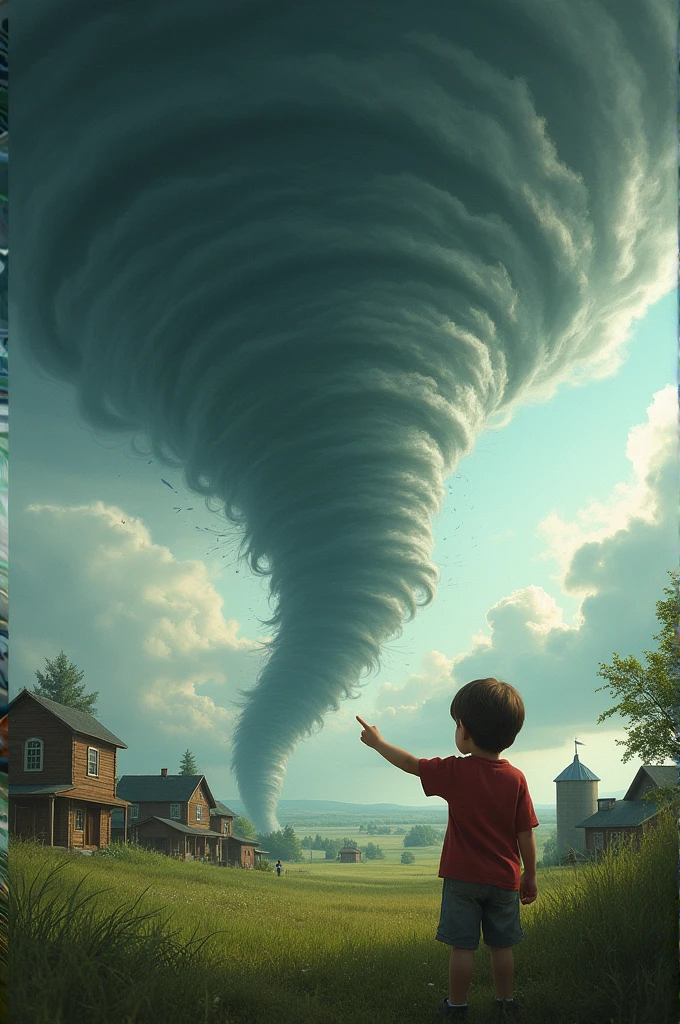 A tornado coming toward a village and a finger toward the tornado