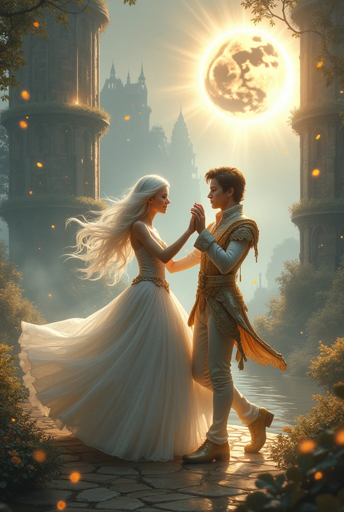 draw fantasy, enchanted kingdom, young princess white long hair and silver dress tons of grey, young prince brown hair golden clothes, dancing, eclipse solar