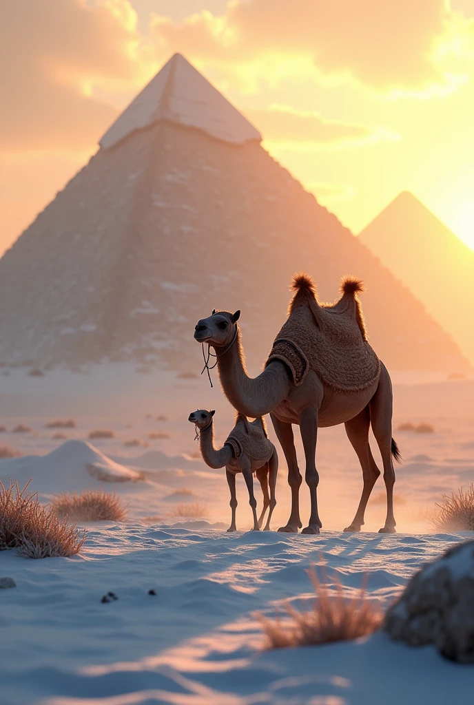 a snowy landscape, Egyptian pyramids, mother and baby camels, highly detailed, photorealistic, dramatic lighting, cinematic, epic, stunning, wide angle, golden hour, warm color palette, intricate details, depth of field, atmospheric, picturesque, masterful composition, awe-inspiring, majestic, dreamlike, (best quality,4k,8k,highres,masterpiece:1.2),ultra-detailed,(realistic,photorealistic,photo-realistic:1.37)